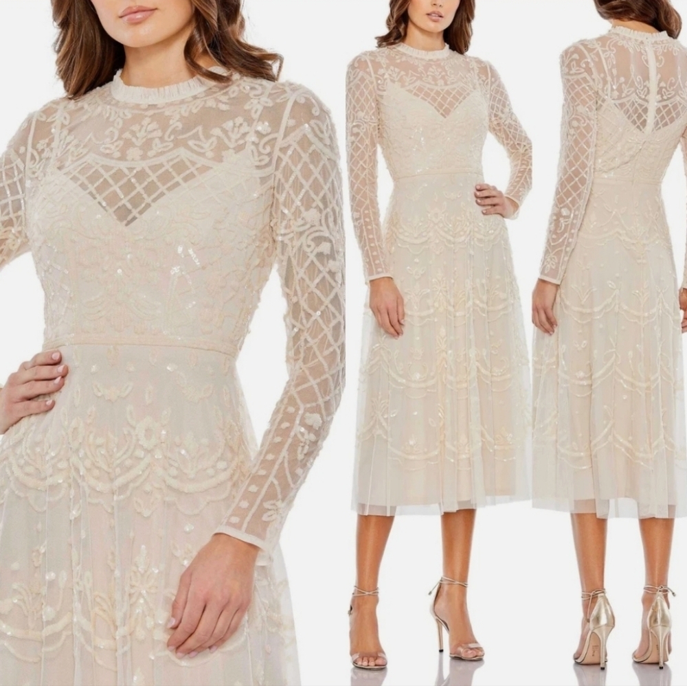 NWT MAC DUGGAL Sequined Illusion High Neck Long Sleeved Midi Dress Nude Size 24